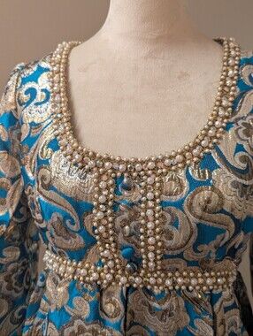 I Magnun Kasper Long-Sleeve Blue and Silver Brocade Maxi Dress